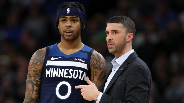 D'Angelo Russell gets instructions from Timberwolves coach Ryan Saunders