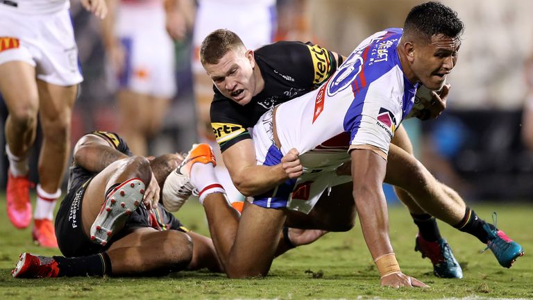 SYDNEY, AUSTRALIA - MAY 31: Daniel Saifiti of the Knights charges forward during the round three NRL match between the Penrith Panthers and the Newcastle Knights at Campbelltown Stadium on May 31, 2020 in Sydney, Australia. (Photo by Mark Kolbe/Getty Images)
