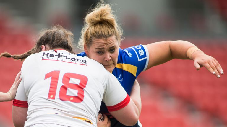 Picture by Isabel Pearce/SWpix.com - 06/10/2019 - Rugby League - Women's Super League Semi-Final - St Helens v Leeds Rhinos - The Totally Wicked Stadium, Langtree Park, St Helens, England - Danika Primm of Leeds is tackled by Lizzie Gkladman of St Helens.