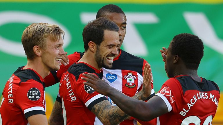Danny Ings celebrates after putting Southampton 1-0 up at Norwich