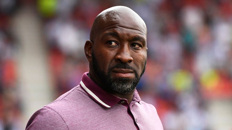 Darren Moore manager of Doncaster Rovers looks on during the Pre-Season Friendly between Doncaster Rovers and Huddersfield Town at Keepmoat Stadium on July 24, 2019 in Doncaster, England