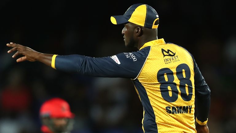 : In this handout image provided by CPL T20, Darren Sammy captain of St Lucia Zouks sets the field during the Hero Caribbean Premier League match between St Kitts Nevis Patriots and St Lucia Zouks at Warner Park Sporting Complex on September 15, 2019 in Basseterre, St Kitts, Saint Kitts and Nevis