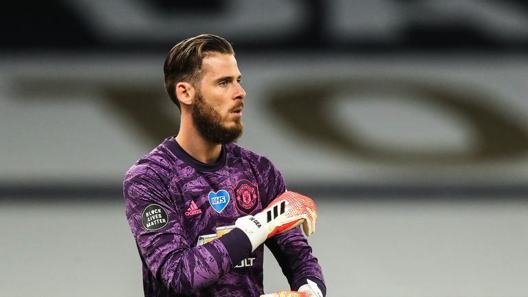 David de Gea of Manchester United during the Premier League match between Tottenham Hotspur and Manchester United at Tottenham Hotspur Stadium on June 19, 2020 in London, United Kingdom. 