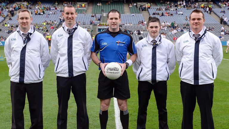 Garland (second from right) alongside referee Martin McNally ahead of the 2016 All-Ireland minor semi-final between Kerry and Kildare

 with his officials prior to the Electric Ireland GAA Football All-Ireland Minor Championship Semi-Final game between Kerry and Kildare at Croke Park in Dublin. Photo by Piaras .. M..dheach/Sportsfile