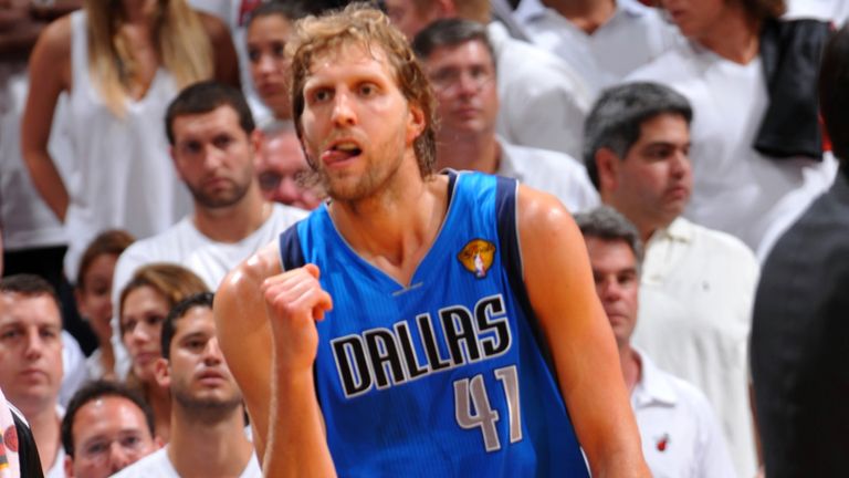 Dirk Nowitzki celebrates after scoring against the Miami Heat in the 2011 NBA Finals