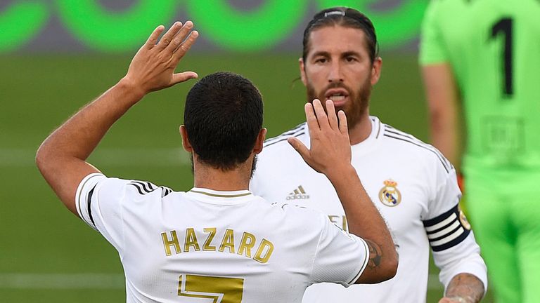 Eden Hazard and Sergio Ramos celebrate