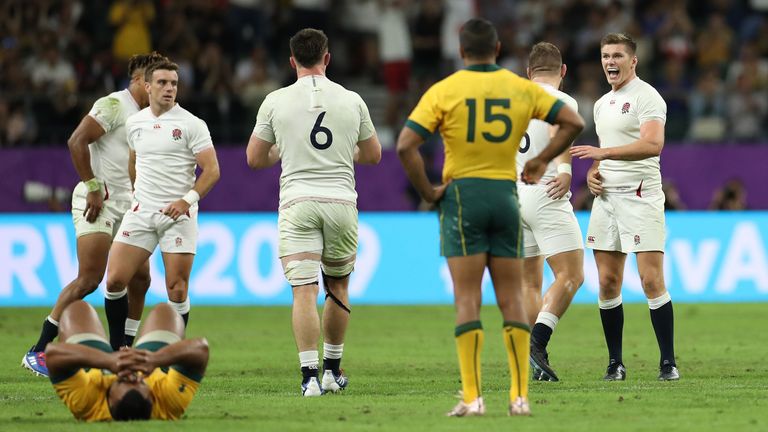  England captain Owen Farrell celebrates at the final whistle during the Rugby World Cup 2019 Quarter Final match between England and Australia at Oita Stadium on October 19, 2019 in Oita, Japan