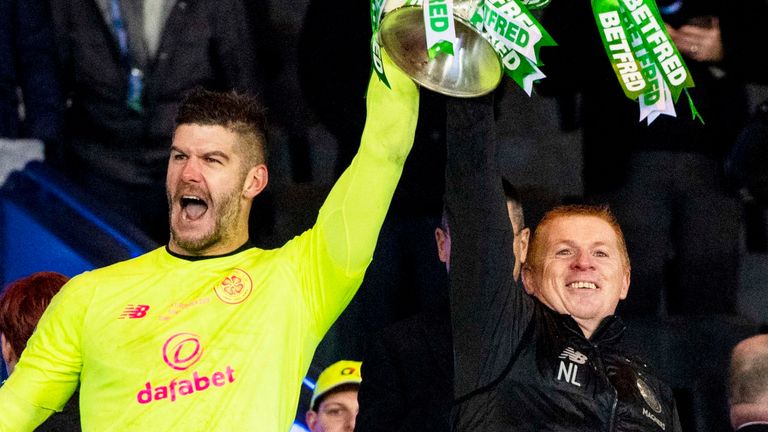 Fraser Forster and Neil Lennon lift the Betfred Cup trophy in December 2019