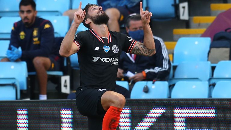 Chelsea's Olivier Giroud kneels after scoring against Aston Villa to support Black Lives Matter.