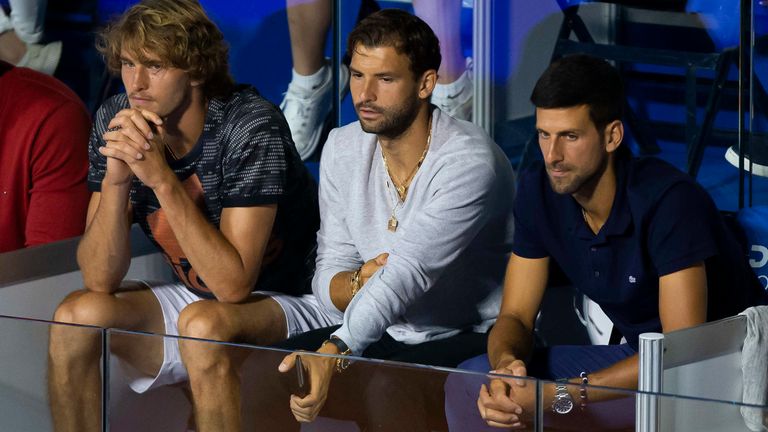 Grigor Dimitrov (centre) was joined by Alexander Zverev and Novak Djokovic in the first Adria Tour event in Belgrade last week