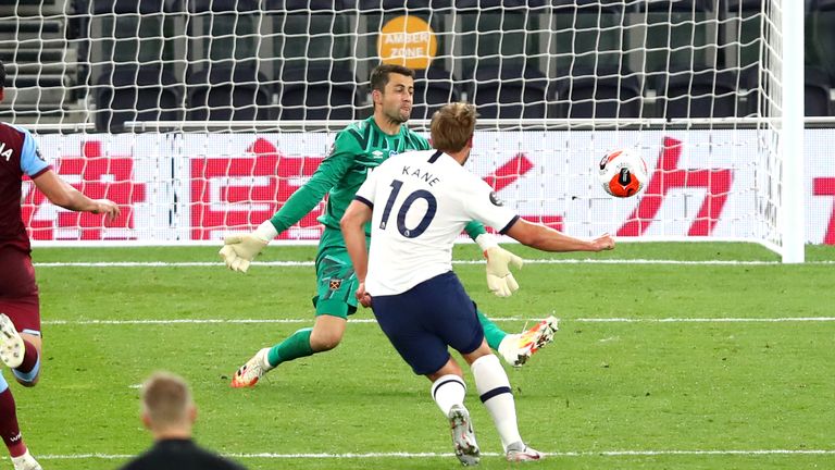 Harry Kane scores against West Ham