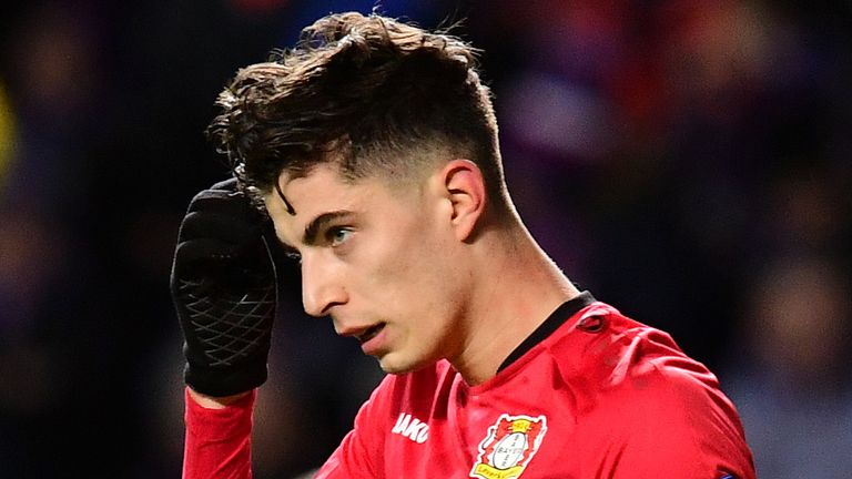 Kai Havertz of Bayer 04 Leverkusen celebrates after scoring his team's first goal during the UEFA Europa League round of 16 first leg match between Rangers FC and Bayer 04 Leverkusen at Ibrox Stadium on March 12, 2020 in Glasgow, United Kingdom. 