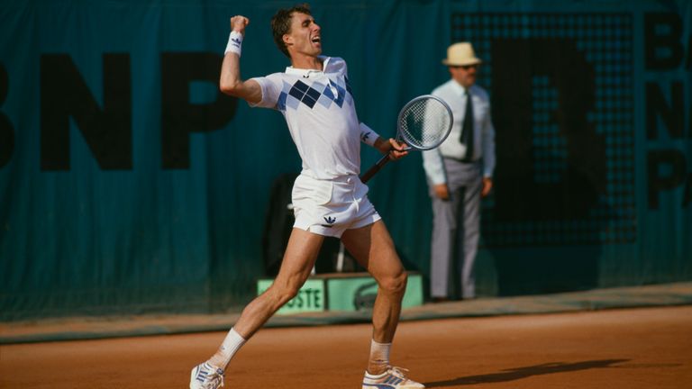 Czech tennis player Ivan Lendl celebrates at the men's singles final of the Tournoi de Roland-Garros (French Open), at the Stade Roland Garros, Paris, June 1984. Lendl beat John McEnroe of the USA to win the match 3-6, 2-6, 6-4, 7-5, 7-5.