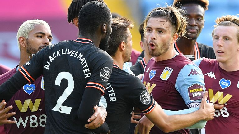 Grealish confronts Chelsea defender Antonio Rudiger after being fouled