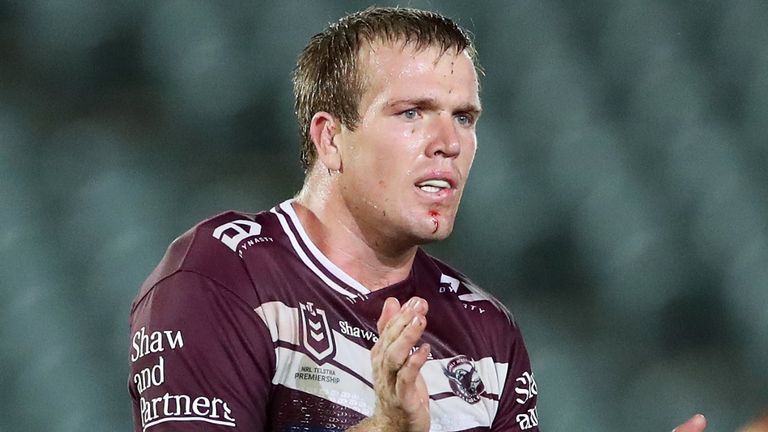 GOSFORD, AUSTRALIA - JUNE 11: Jake Trbojevic of the Sea Eagles applauds team mates during the round five NRL match between the Manly Sea Eagles and the Brisbane Broncos at Central Coast Stadium on June 11, 2020 in Gosford, Australia. (Photo by Cameron Spencer/Getty Images)