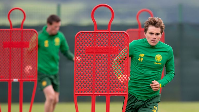 Callum McGregor and James Forrest are pictured as Celtic's players resume training in small groups