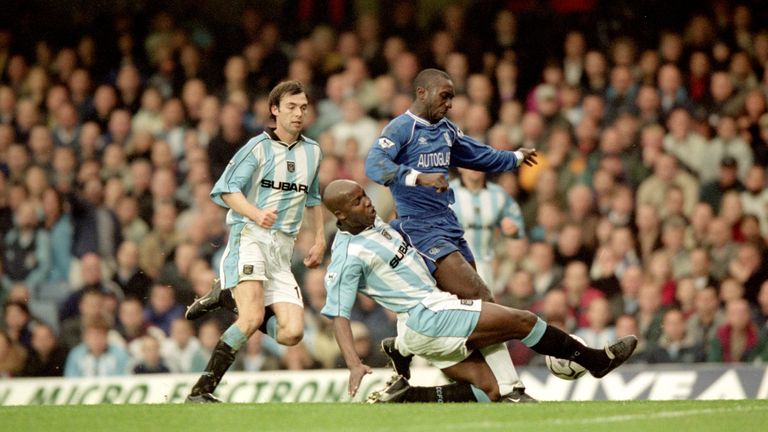 Coventry's Paul Williams tackles Chelsea's Jimmy Floyd Hasselbaink