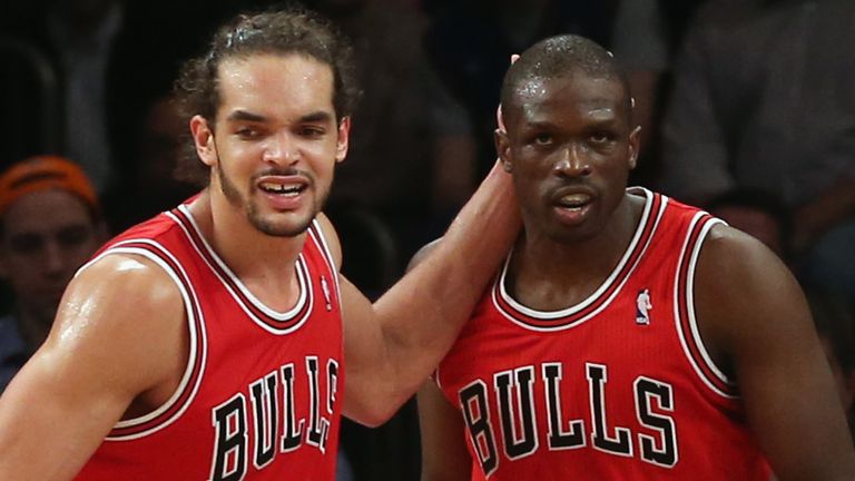 Joakim Noah and Luol Deng in action for the Chicago Bulls in December 2012