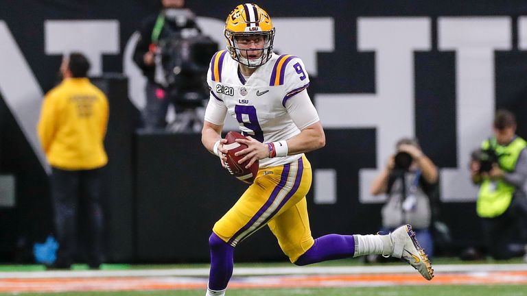 NEW ORLEANS, LA - JANUARY 13: Quarterback Joe Burrow #9 of the LSU Tigers rolls out on a pass play during the College Football Playoff National Championship game against the Clemson Tigers at the Mercedes-Benz Superdome on January 13, 2020 in New Orleans, Louisiana. LSU defeated Clemson 42 to 25. (Photo by Don Juan Moore/Getty Images) *** Local Caption *** Joe Burrow