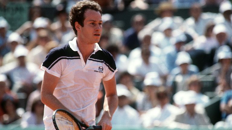 John McEnroe playing Ivan Lendl in the men's singles final of the Tournoi de Roland-Garros (French Open), at the Stade Roland Garros, Paris, June 1984. Lendl won the match 3-6, 2-6, 6-4, 7-5, 7-5