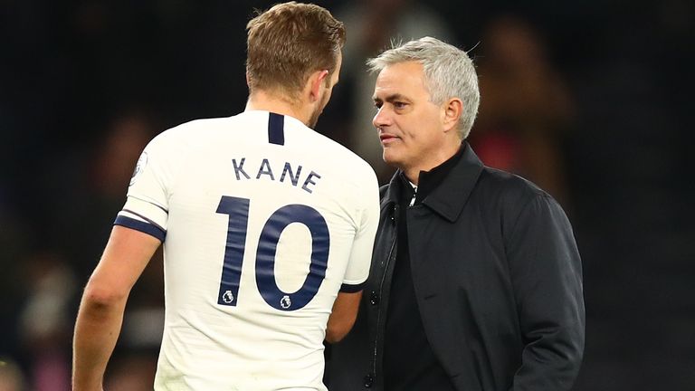 Jose Mourinho, Manager of Tottenham Hotspur congratulates Harry Kane of Tottenham Hotspur following the Premier League match between Tottenham Hotspur and AFC Bournemouth at Tottenham Hotspur Stadium on November 30, 2019 in London, United Kingdom