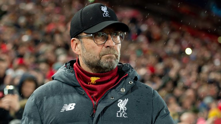 LIVERPOOL, ENGLAND - MARCH 11: (BILD ZEITUNG OUT) head coach Juergen Klopp of Liverpool FC looks on prior to the UEFA Champions League round of 16 second leg match between Liverpool FC and Atletico Madrid at Anfield on March 11, 2020 in Liverpool, United Kingdom. 