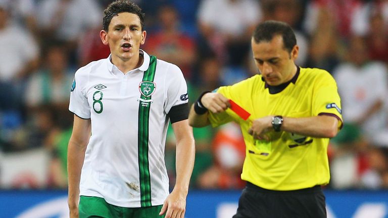 Keith Andrews sent off in Ireland's final group game v Italy in Euro 2012.
