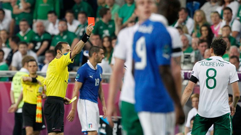 Keith Andrews sees red v Italy in Ireland's final group match of Euro 2012. 