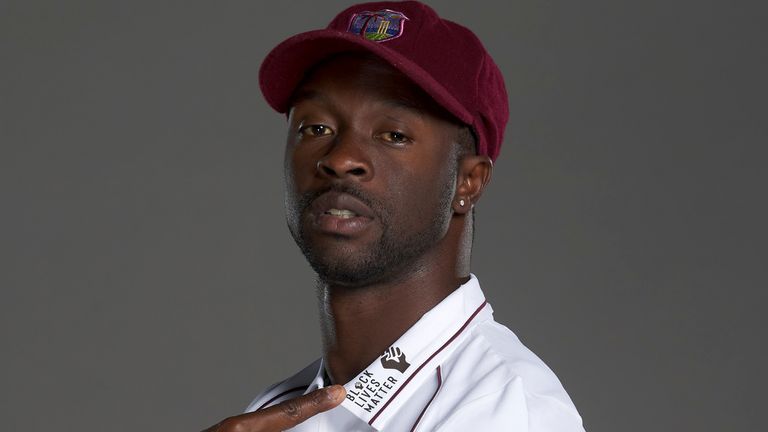West Indies fast bowler Kemar Roach displays the Black Lives Matter logo