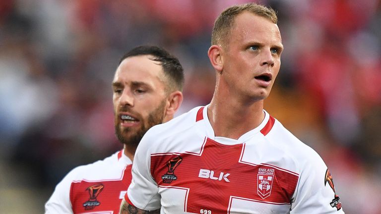 Elliott Whitehead and Kevin Brown.
England v Tonga, Semi-Final, Rugby League World Cup 2017. RLWC2017. Mt Smart Stadium, Auckland New Zealand. Saturday 25 November 2017 © Copyright Photo: Andrew Cornaga / www.Photosport.nz MANDATORY CREDIT/BYLINE : Andrew Cornaga/SWpix.com/PhotosportNZ