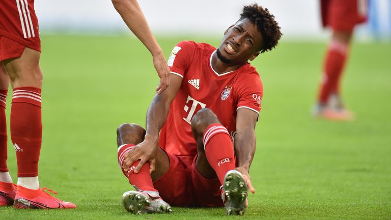 Bayer Munich's Kingsley Coman nurses an injury during a recent match