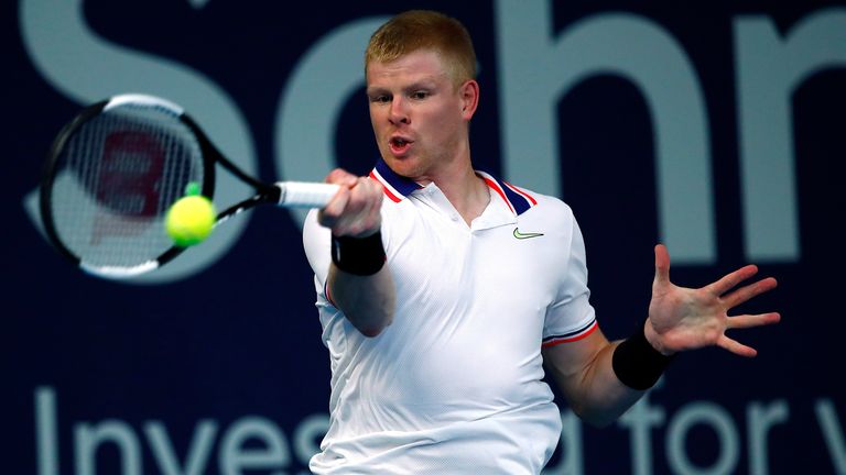 Kyle Edmund plays a forehand during his match against James Ward on day 1 of Schroders Battle of the Brits at the National Tennis Centre on June 23, 2020 in London, England.