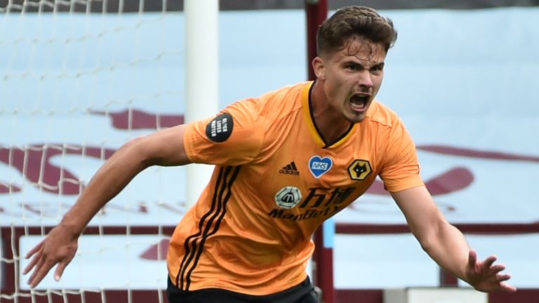 Leander Dendoncker celebrates scoring for Wolves against Aston Villa