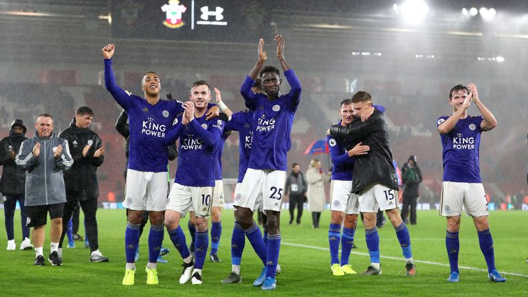 Leicester players celebrate after thrashing Southampton