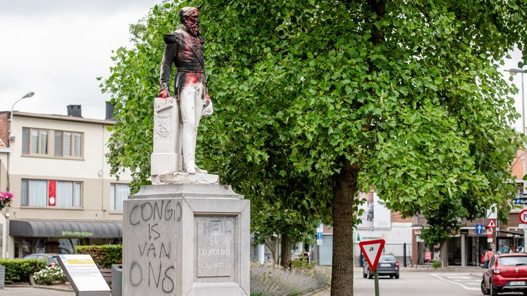 A statue of King Leopold II of Belgium with a graffiti on its side reading "Congo is ours" - pictured on June 4, 2020 in Antwerp
