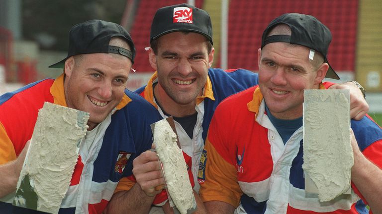 Super League Rugby players from the London Broncos team Darren Shaw (l), Darryl Pitt (m) and Dennis Smith (r)who will face Paris St Germain in their first Super League Rugby game in the Valley at Charlton.