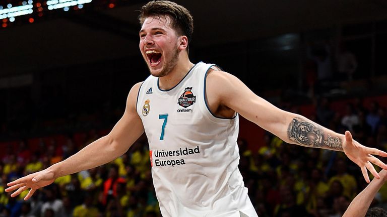 Luka Doncic celebrates Real Madrid's 85-80 win over Fenerbahce Dogus Istanbul in the Euroleague Final Four finals