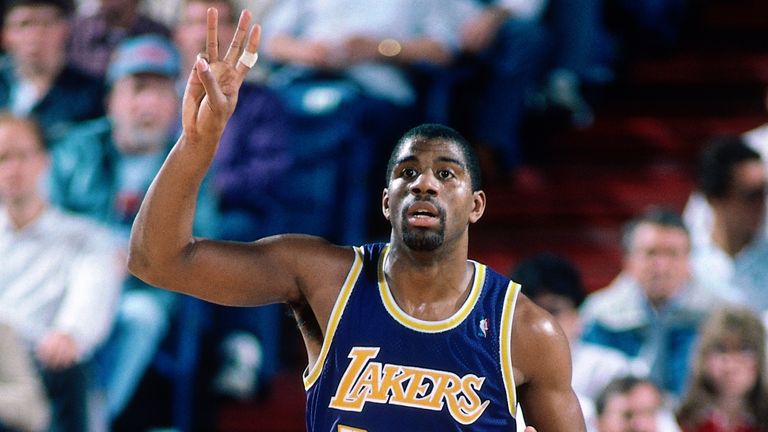 Magic Johnson of the Los Angeles Lakers dribbles during a game played circa 1987