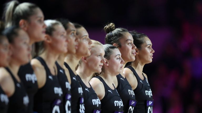 Maia Wilson lines up with her teammates to sing New Zealand's national anthem