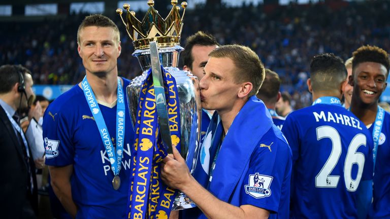 Marc Albrighton with the trophy during the Barclays Premier League match between Leicester City and Everton at The King Power Stadium on May 7, 2016 in Leicester, United Kingdom.