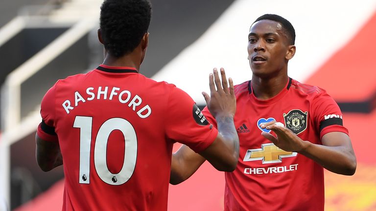 Marcus Rashford celebrates with Anthony Martial