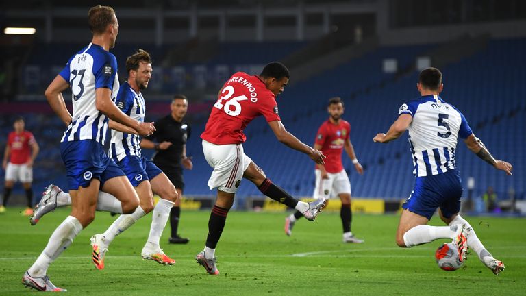 Mason Greenwood scores for Manchester United against Brighton in June 2020