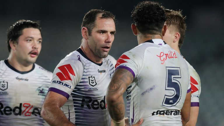 GOSFORD, AUSTRALIA - JUNE 13: Cameron Smith of the Storm celebrates with team mates at full time during the round five NRL match between the Newcastle Knights and the Melbourne Storm at Central Coast Stadium on June 13, 2020 in Gosford, Australia. (Photo by Matt King/Getty Images)