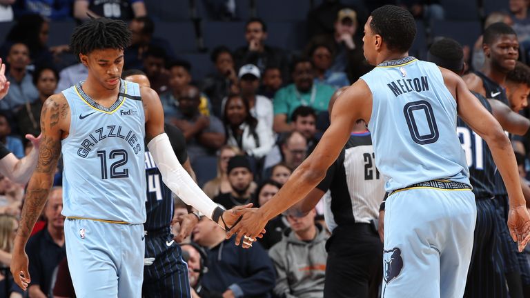 Ja Morant  and De&#39;Anthony Melton of the Memphis Grizzlies hi-five each other during the game against the Orlando Magic