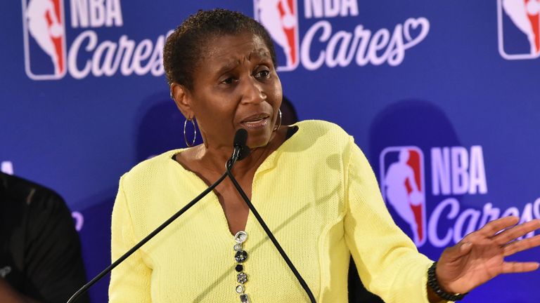 NBPA executive director Michele Roberts addresses the media at a 2019 NBA Cares event