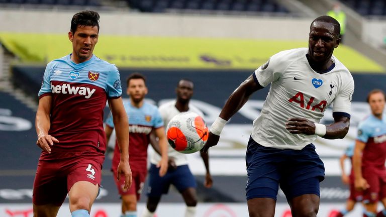 West Ham defender Fabian Balbuena vies with Tottenham's Moussa Sissoko