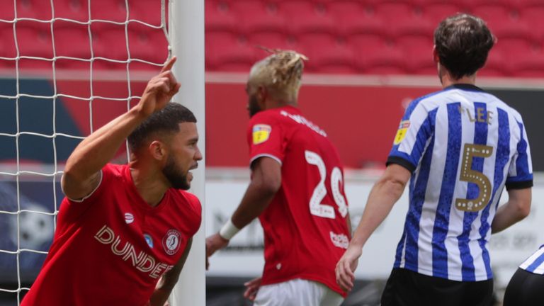 Bristol City's Nahki Wells celebrates scoring his side's first goal of the game during the Sky Bet Championship match at Ashton Gate, Bristol. PA Photo. Issue date: Sunday June 28, 20200. See PA story SOCCER Bristol City. Photo credit should read: David Davies/PA Wire. RESTRICTIONS: EDITORIAL USE ONLY No use with unauthorised audio, video, data, fixture lists, club/league logos or "live" services. Online in-match use limited to 120 images, no video emulation. No use in betting, games or single club/league/player publications.