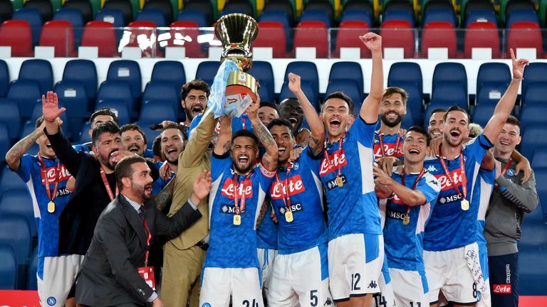 Napoli players celebrate their Coppa Italia success