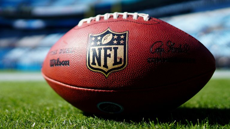 A football with the NFL logo before the game between the Carolina Panthers and the Tennessee Titans at Bank of America Stadium on November 03, 2019 in Charlotte, North Carolina.