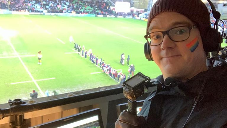 Nick Heath, rugby union commentator, at Harlequins vs London Irish in February 2020 - Pride Game